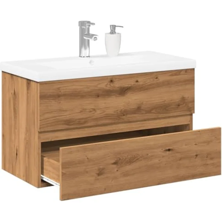 vidaXL Waschbeckenunterschrank Artisan-Eiche, Unterschrank mit Einbaubecken und Wandmontage, Badschrank mit viel Stauraum – Bild 4