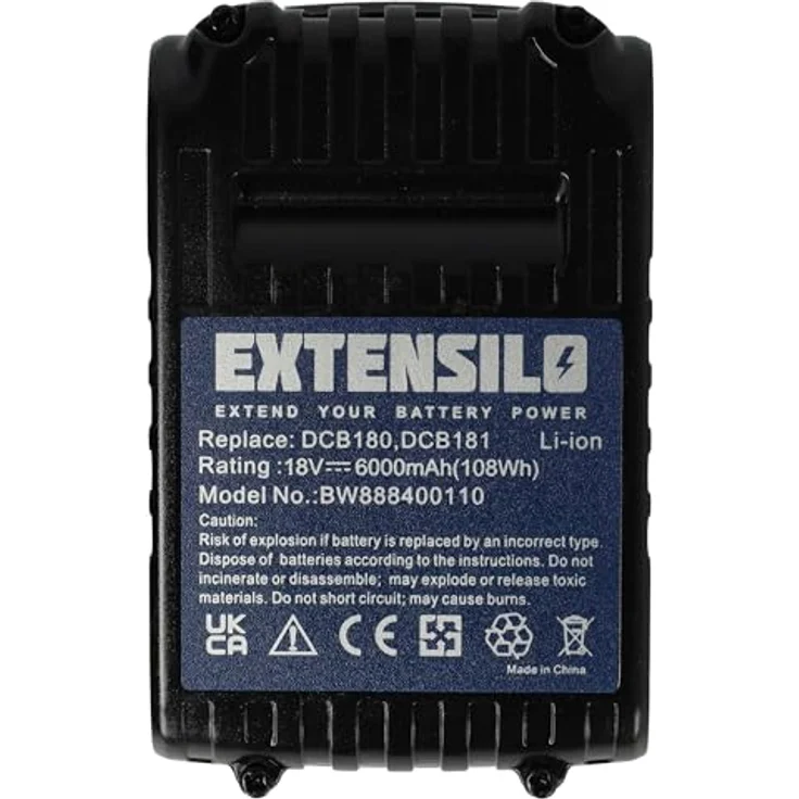vhbw EXTENSILO Akku für Dewalt DCF885C2, DCF885B, DCF883, Li-Ion 6000 mAh, 18 V, mit LED-Ladestandsanzeige, schwarz/gelb – Bild 5