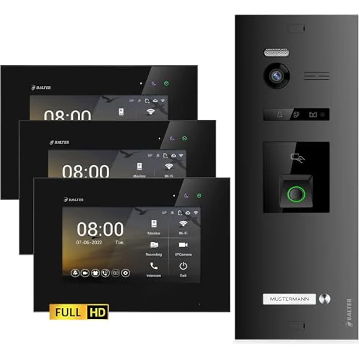 Balter EVO HD Video-Türsprechanlage, Komplettset für Einfamilienhaus mit 3x 7-Zoll-Monitoren, Full HD, 175° Weitwinkel, Fingerprint und RFID, 2-Draht Technologie – Bild 1