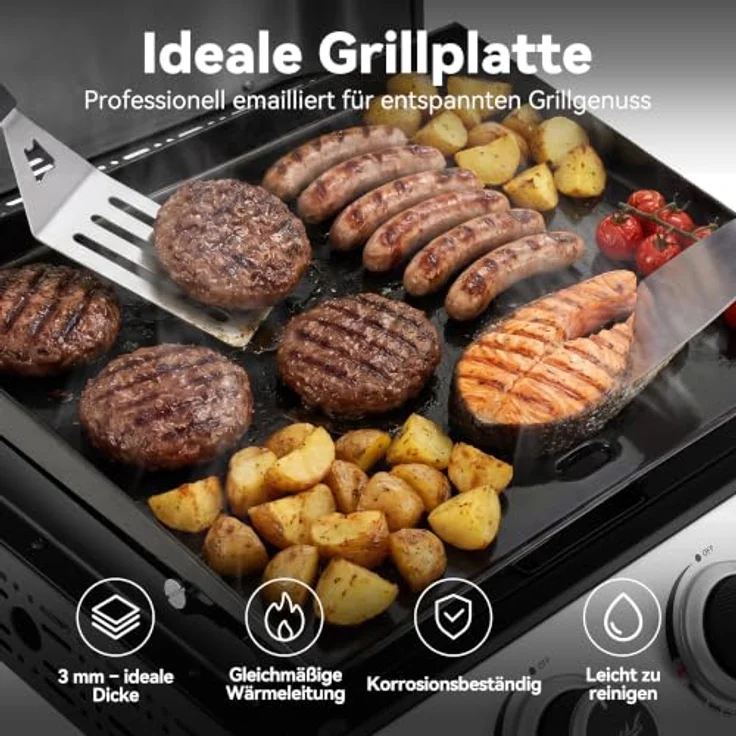 Royal Gourmet Gasgrill 3 Brenner Plancha Tischgrill, emaillierte Bratplatte, komfortabler Deckelgriff, batterie­freie Piezozündung, verstellbare Standfüße – Bild 5