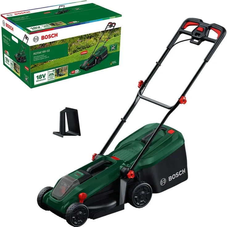 Bosch Akku-Rasenmäher Rotak18V-32 Solo, 32 cm Schnittbreite, 5-stufige Schnitthöhenverstellung, mit Mulchkit