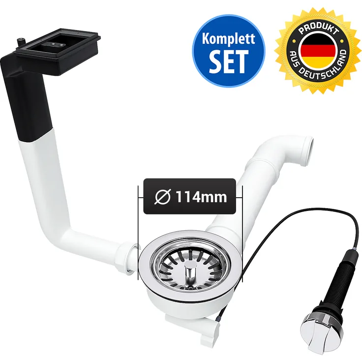 AquaDE Siebkorbventil 114 mm mit Excenterventil Raumschaffer Abtropf-Überlauf für Küchenspüle, Edelstahl und weiß