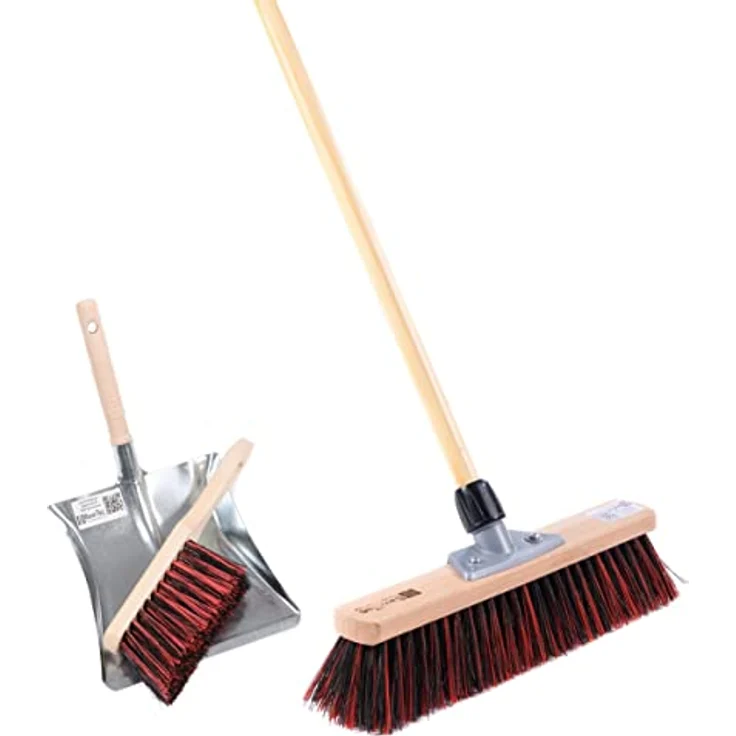 BawiTec Kehrset 40cm, ArengaMix-Borsten, Qualitäts Besen Set mit Holzgriff, inkl. Handfeger und Metall-Kehrblech, für außen – Bild 2