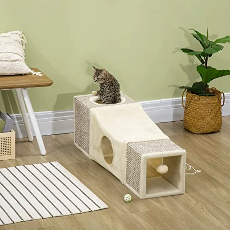 PawHut Katzentunnel, Katzenspielzeug mit Spielball, Katzenhöhle, Faltbarer Spieltunnel aus Sisal, Kombiniertes Design, Braun+Beige, 98 x 30 x 30 cm – Bild 2