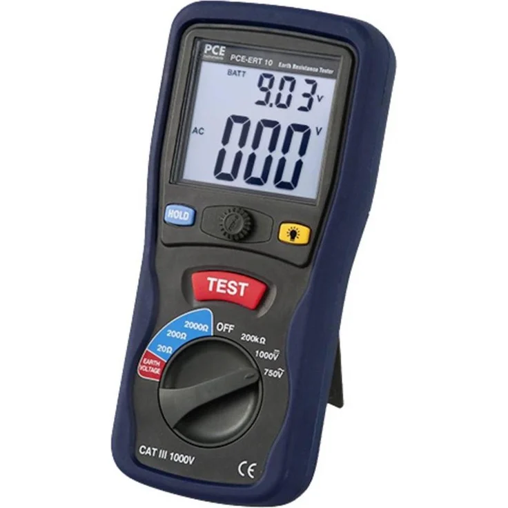 PCE Instruments PCE-ERT 10, Multimeter Erdungsmesser CAT III 1000V, Erdwiderstandsmessung bis 2000 Ω, mit großem LCD-Display und Erdspießen, inkl. Tragetasche