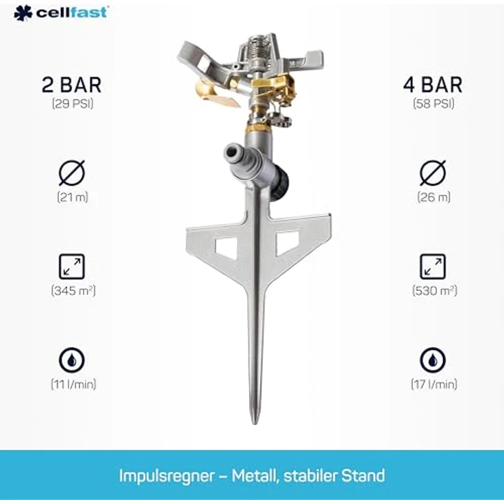 Cellfast Pulsationssprenger, Rasensprenger, Impulsprenger LU zur Bewässerung Flächen bis 530 m², massiv aus Metall, Kreisregner 360°, 52-160 – Bild 2