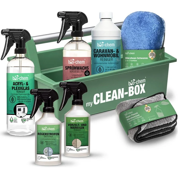 bio-chem Caravan Außenpflege PREMIUM-SET 8-teilig Allzweckreiniger, für Fenster, Glas, Vorzelt, Planen, 3750 ml – Bild 1