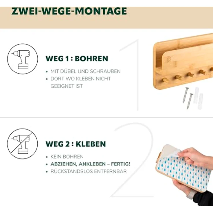 eluno Schlüsselkasten Schlüsselbrett mit Ablage und 5 Schlüsselhaken aus Bambus, modernes Design, zur Wandmontage – Bild 5