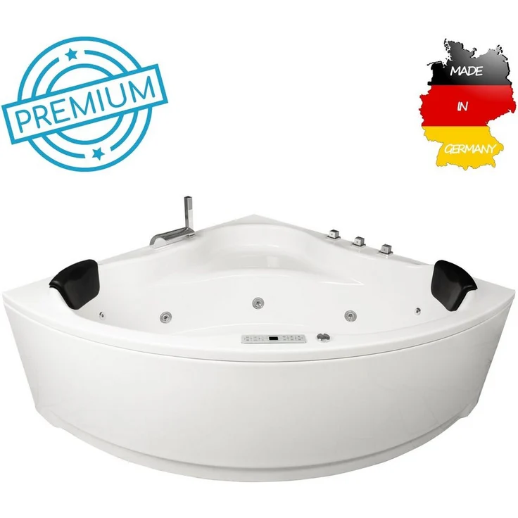 Basera® Whirlpool-Badewanne PREMIUM Indoor Eck-Whirlpool Badewanne Malai 150 x 150 cm, (Komplett-Set), mit 21 Massagedüsen, Heizung, Ozongenerator, Bodenansaugung, Wasser... in Hochglanz Weiß – Bild 1