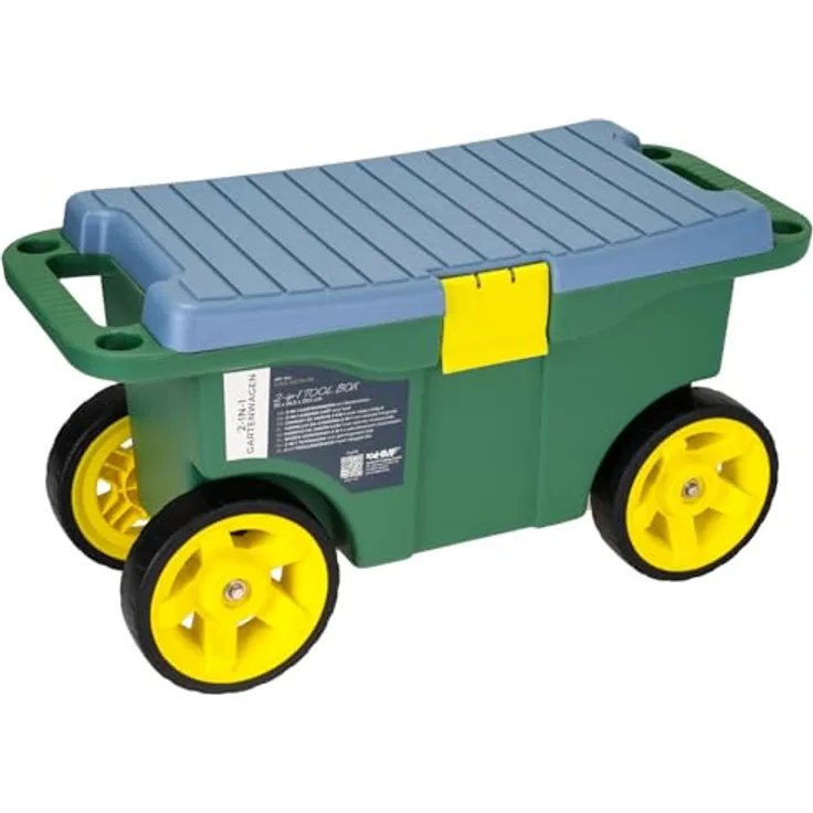 HMF 2-in-1 Gartenwagen mit Sitz und Stauraum, praktischer Gartenhocker mit großen Rollen und flexibler Unterteilung, für Gartenarbeit bis 100 kg, Grün
