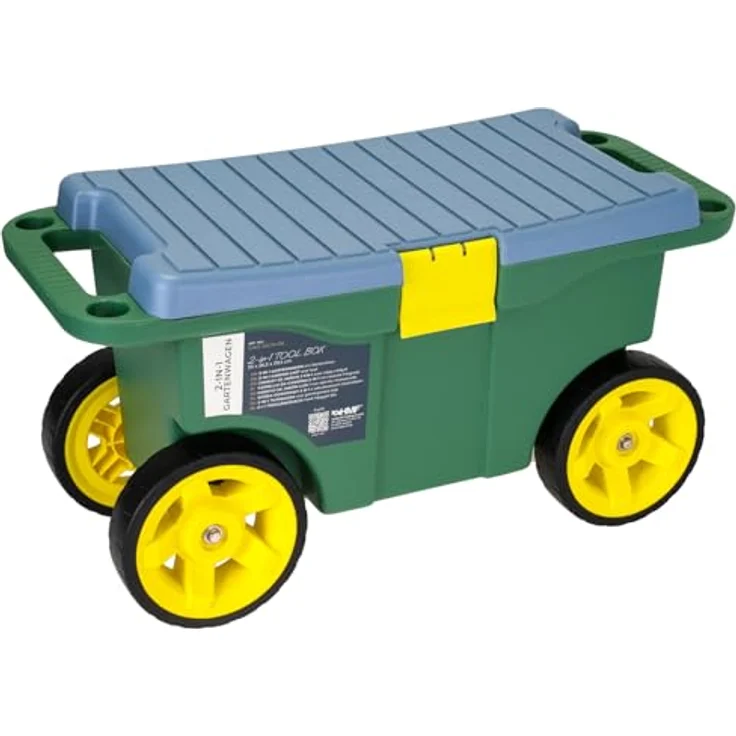 HMF 2-in-1 Gartenwagen mit Sitz und Stauraum, praktischer Gartenhocker mit großen Rollen und flexibler Unterteilung, für Gartenarbeit bis 100 kg, Grün – Bild 1