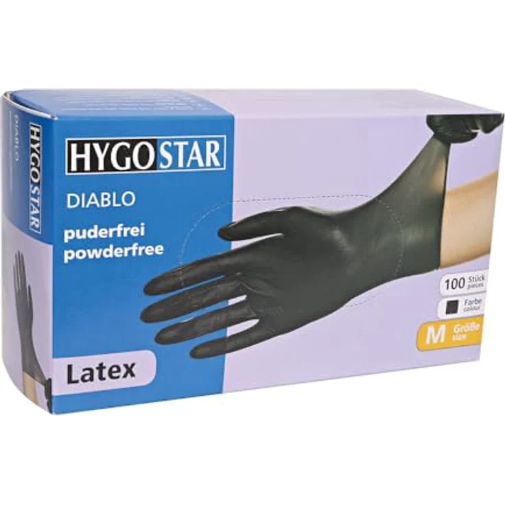 HYGOSTAR Latex-Handschuh DIABLO, S, schwarz, puderfrei Länge: 240 mm, für Allergiker, lebensmittelecht, reißfest, extrem dehnbar & widerstandsfähig, aus Naturkautschuk, Rollrand, ausgezeichnetes Tastgefühl, texturierte Oberfläche beinhaltet: 100 Stück i – Bild 3