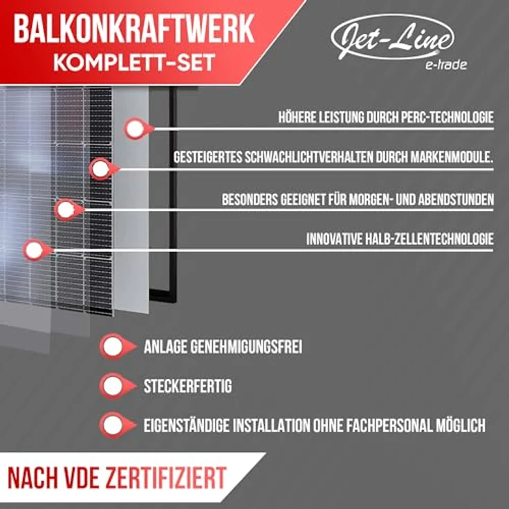 Jet-Line Solaranlage Balkonkraftwerk 1100 W mit Wechselrichter, Plug&Play Installation – Bild 2