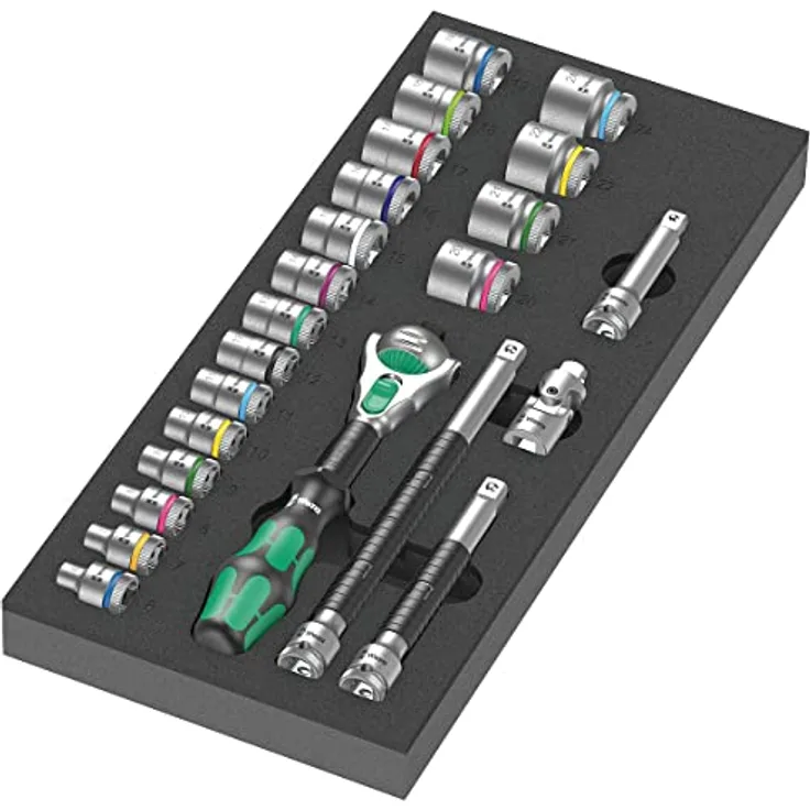 Wera Werkzeugbox 9721 Schaumstoffeinlage 8000 B Zyklop Knarre, 23-teilig mit 3/8" Speed-Knarre, wasser- und ölabweisend