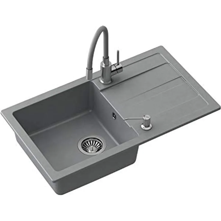 VBChome Spülbecken mit Armatur 77 x 44 cm Grau Granit Einzelbecken reversibel + Siphon und Spülmittelspender