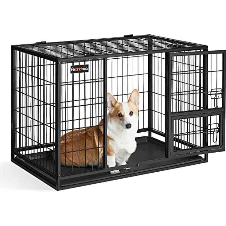 Feandrea Hundekäfig hochbelastbar, Gitterbox, transportabler Haustierkäfig, 92,5 x 57,5 x 64 cm, für kleine, mittelgroße Hunde, sicher, 2 abnehmbare Türen, Welpenauslauf, L, tintenschwarz