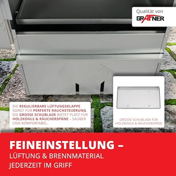 Grafner XL Räucherofen, 3 Etagen Smoker mit Sichtfenster und Thermometer, 12 S-Haken, legierter Stahl für Heiß- und Kalträuchern von Fisch, Fleisch, Käse und Gemüse – Bild 4