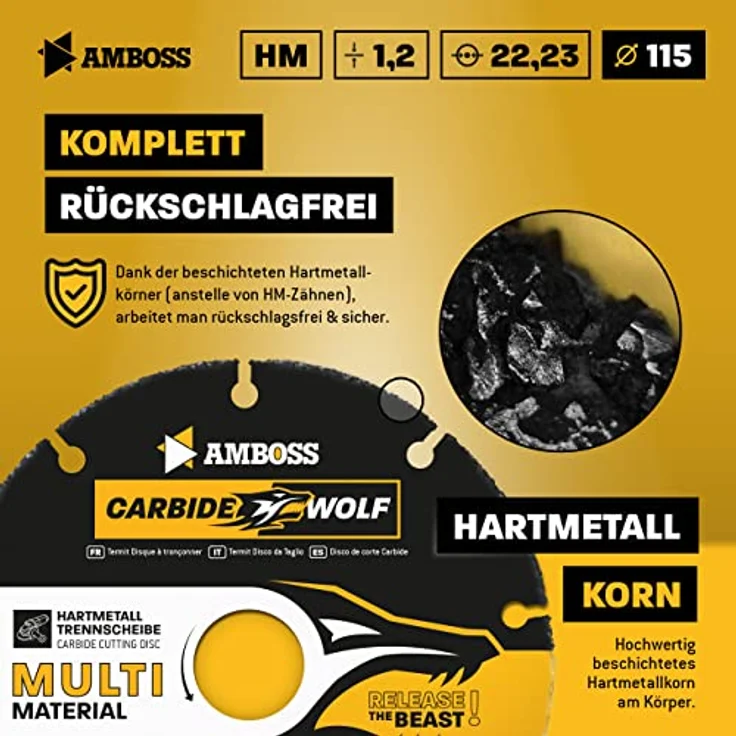 Amboss Carbide Wolf Ø 115mm, Multi Hartmetall Trennscheibe für Winkelschleifer - für Holz (mit Nägeln), Kunststoff, Gips - selbstschärfend, sicher und langlebig – Bild 4