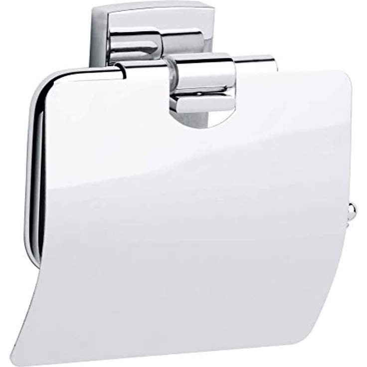 tesa KLAAM Toilettenpapierhalter mit Deckel, verchromt - WC-Rollenhalter zur Wandbefestigung ohne Bohren, inkl. Klebelösung - 125mm x 140mm x 53mm – Bild 1