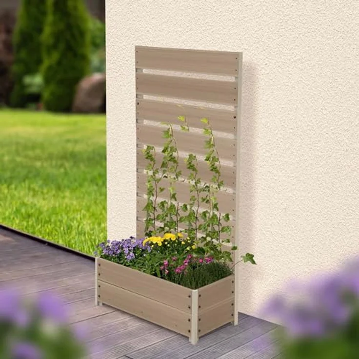 Dobar Pflanzbeet mit Rankgitter, WPC, 137 cm x 72 cm x 33 cm, silbergrau, wetterfest und UV-beständig – Bild 4