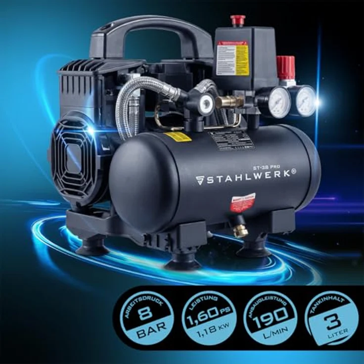 STAHLWERK Kompressor ST-38 Pro, ölfreier Druckluftkompressor mit 1,60 PS, 8 bar und 190 l/min, leise 67 dB – Bild 3