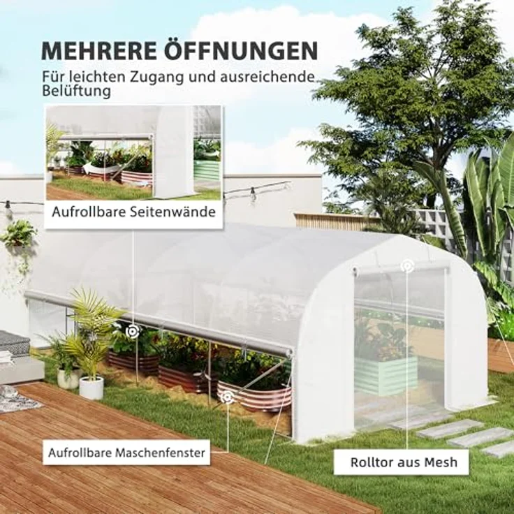 Outsunny Gewächshaus 6 x 3 x 2 m Foliengewächshaus mit 8 Fenster & Tür, Aufrollbar Seitenwänden, UV-beständiger Folientunnel Tomatenhaus mit verzinkten Stahlrahmen, Weiß – Bild 3
