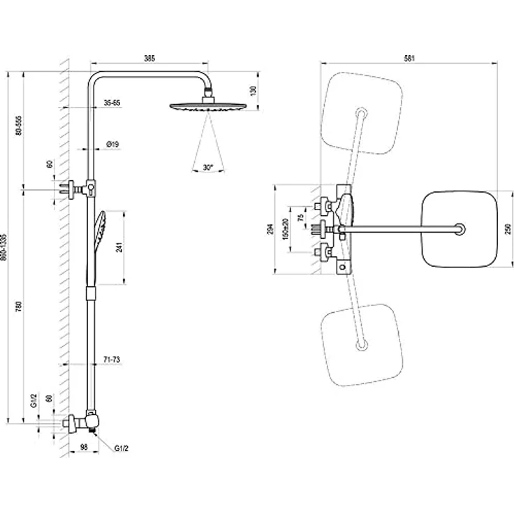 RAVAK DUAL-DUSCHSYSTEME DUSCHSÄULE mit Thermostat-Duscharmatur, 25 cm Duschkopf, Handbrause mit 3 Funktionen, verstellbar 85.5 - 135.5 cm, Chrom – Bild 4