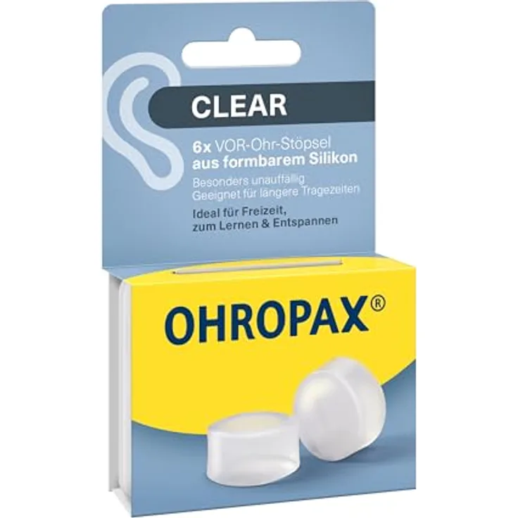 OHROPAX Clear Ohrstöpsel – transparente VOR-Ohr-Stöpsel aus Silikon – Schalldämmwert SNR 23 dB – 6 Stück