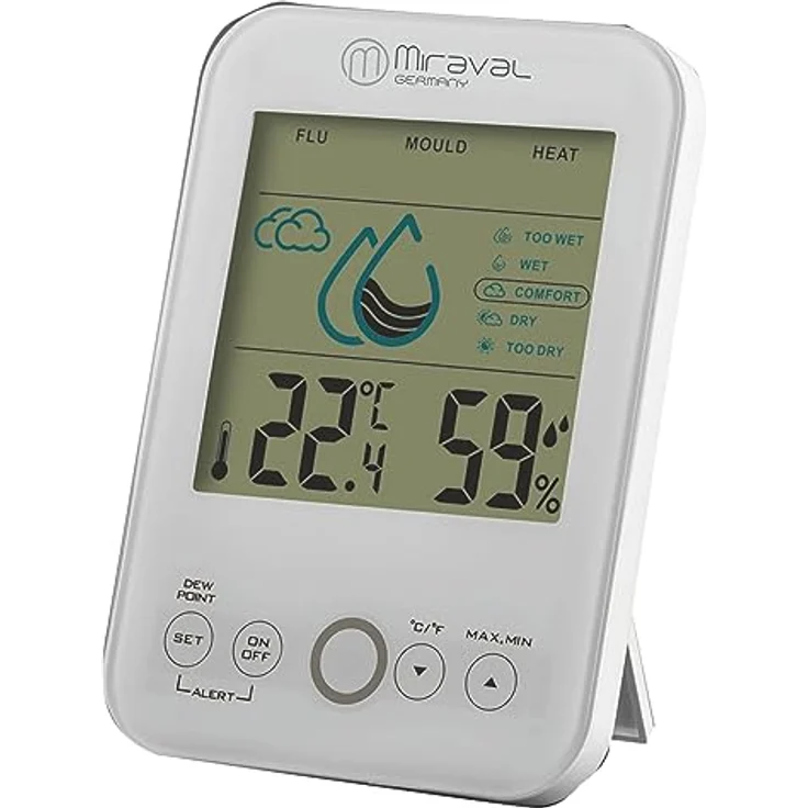 Miraval Raumklimastation, mit Schimmelwarner, 5 Stufen Lüftungsempfehlung, Temperatur- und Luftfeuchtigkeitsanzeige, Taupunkt- und Hitze-Indikator
