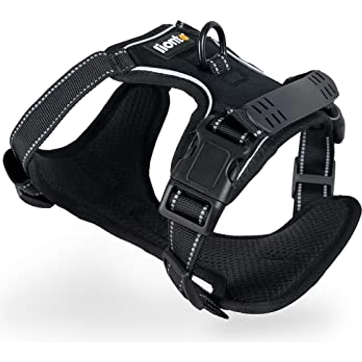 lionto Hundegeschirr gepolstert aus weichem Nylon, Größe L, reflektierendes Anti Zug Geschirr für Hunde mit 2 Ringen & 4 Einstellgurten, Zwei Klickverschlüsse & gummierter Griff am Rücken, schwarz – Bild 1