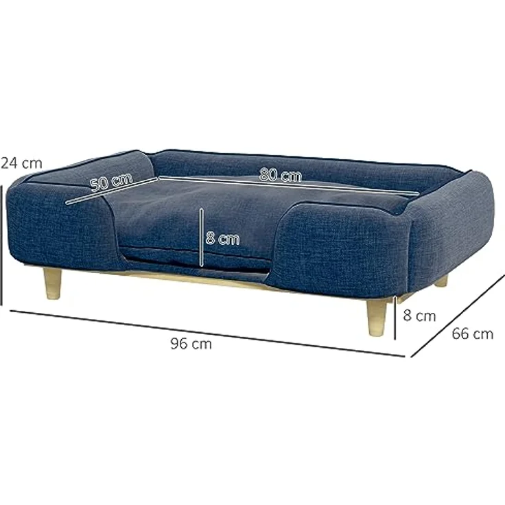 PawHut Hundesofa, Haustiersofa mit Kissen, Hundebett mit Erhöhtem Design, Katzensofa, Hundecouch, Hundesessel mit Holzbeine, Polyester, Dunkelblau, 96 x 66 x 24 cm – Bild 3