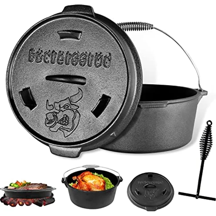 BROILISSIMO Dutch Oven Set Gusseisen, 4-6-9 L, Grilltopf mit Doppelfunktion, ideal für Grill und Camping, stabiler Deckel mit Sicherheitshebern
