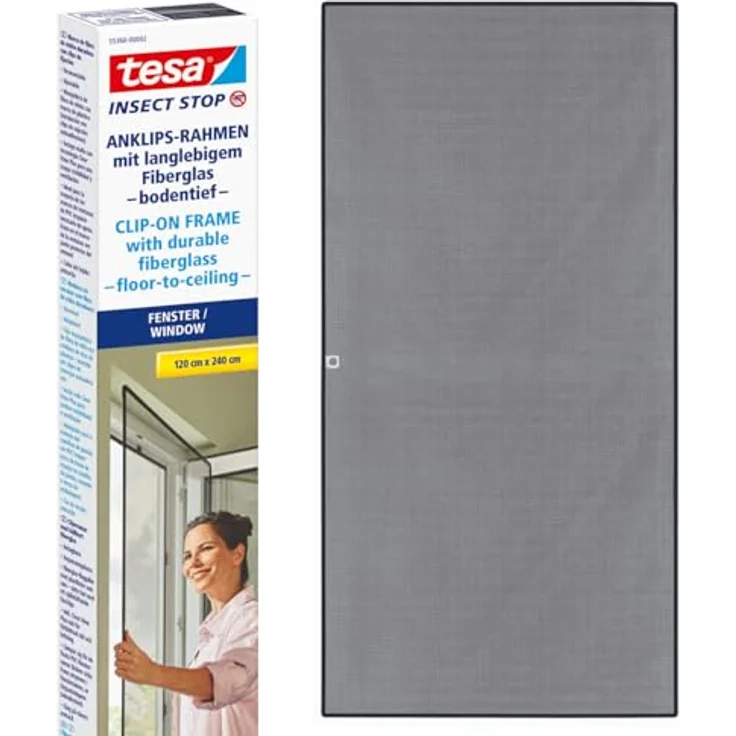 tesa Insect Stop mit Anklipsrahmen, Fliegenschutznetz 120 x 240 cm, schwarz, hohe UV-Beständigkeit, einfaches Anbringen mit Klips-Mechanismus – Bild 1