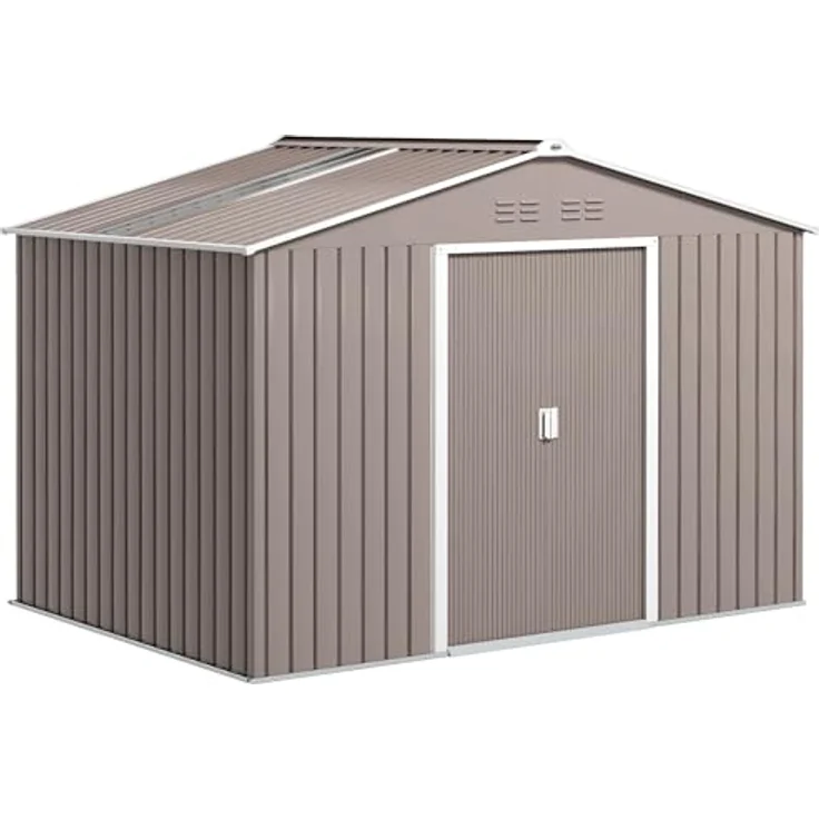 Outsunny Verzinkter Stahl Gerätehaus 4,9m² 277x195x192cm Geräteschuppen mit Satteldach, Fundament, Abschließbarer Schiebetür, wetterfest Hellgrau – Bild 1