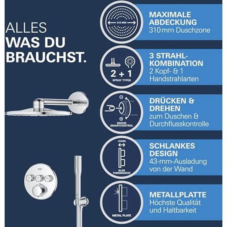 Grohe Precision Smartcontrol Duschsystem, Unterputz Thermostat mit 3 Absperrventilen und Vitalio Kopfbrause-Set, chrom – Bild 4