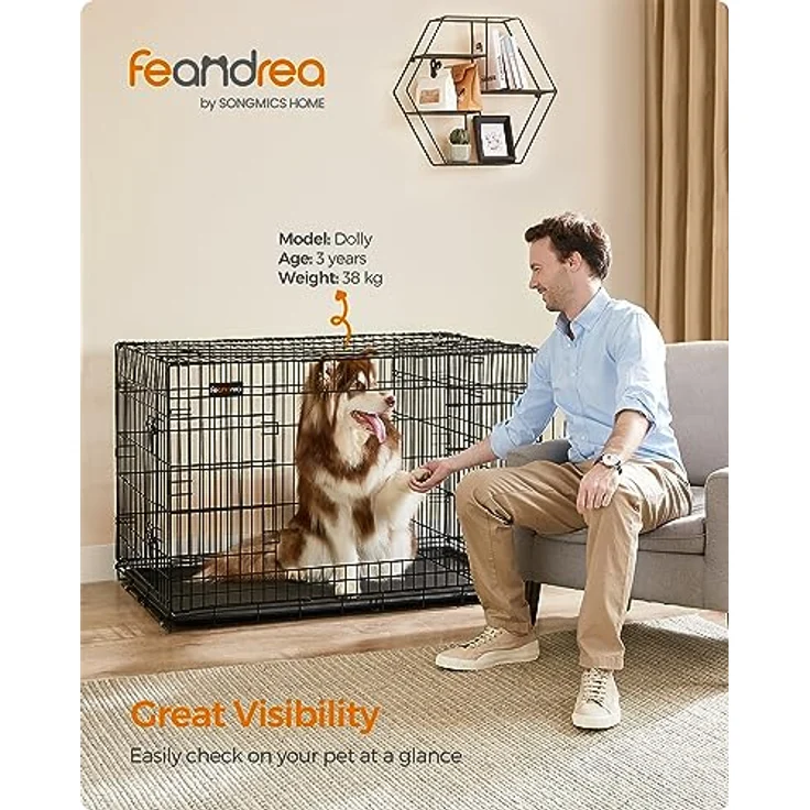 FEANDREA Hundekäfig, Hundebox, zusammenklappbar, transportabel, 2 Türen, 122 x 74,5 x 80,5 cm, schwarz PPD48BK – Bild 2