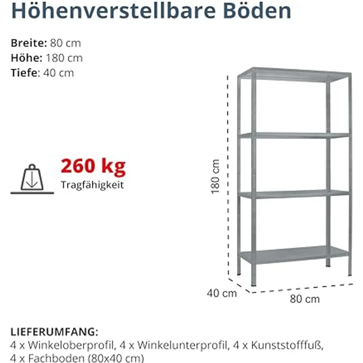 Schulte Regalwelt Lagerregal mit 4 PowerMAX-Fachböden, 180x80x40cm Regalsystem, Steckregal mit einfacher Montage ohne Verschrauben, Traglast je Boden bis zu 65 Kg (bis zu 260 Kg Gesamttraglast) - 4056397005575 – Bild 3