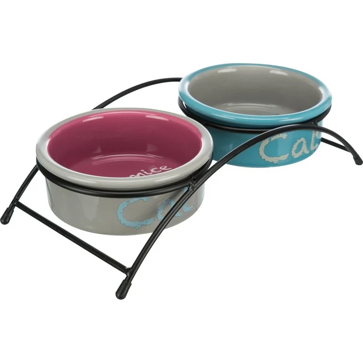 TRIXIE Napf Trixie Eat On Feet Napf-Set CATs, Keramik, 2 x 0,3 L, hellblau/orange/lila