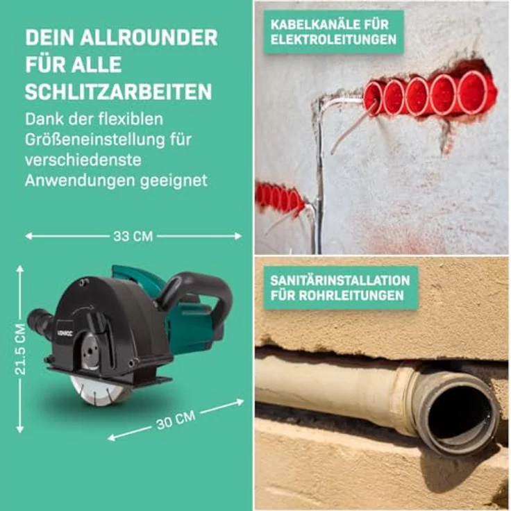 VONROC Mauernutfräse mit Absaugung [1700W], Schlitzfräse für Kabelnut [14/19/29mm], Schnittiefe [4-40mm], inklusive 2 Diamantscheiben – Bild 4