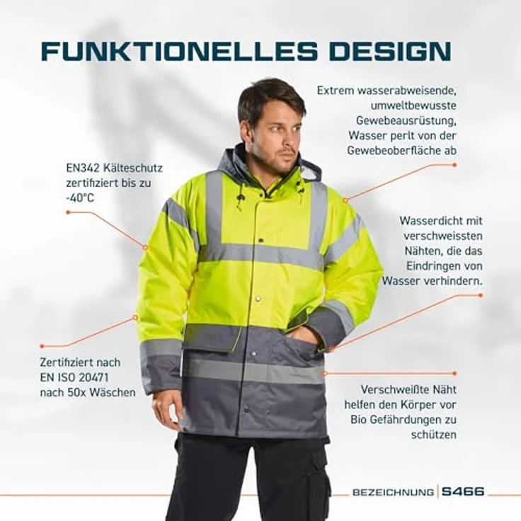 Portwest S466, Zweifarbige Warnschutzjacke – Gelb und Schwarz, EN471 Klasse 3:2, mit Kapuze und Handytasche – Bild 2