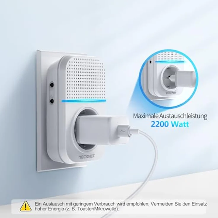 TECKNET Kabellose Türklingel, Batterielose Steckdosen-Funkklingel mit IP44 Wasserschutz, 32 Klingeltönen, 5 Lautstärkestufen, 400m Reichweite und LED Anzeige – Bild 2