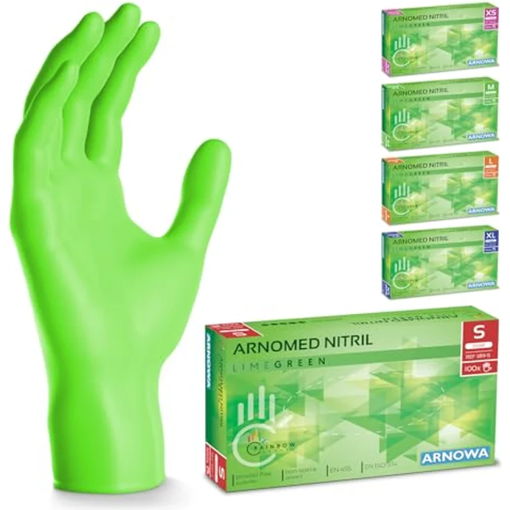 ARNOMED Nitril Einweghandschuhe 500 Stück, puderfrei, limettengrün, in XS, S, M, L, XL, hoher Reißschutz, lebensmittelecht, latexfrei – Bild 1