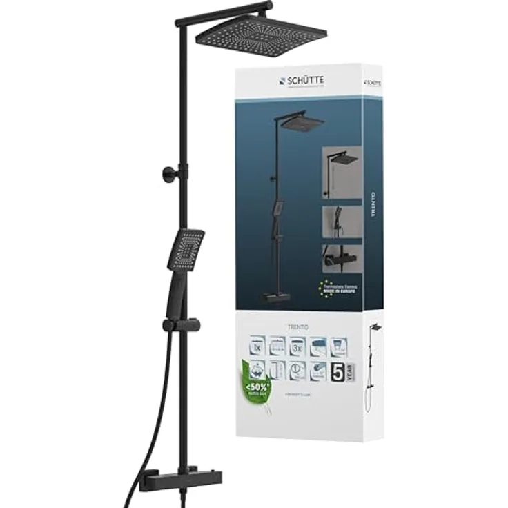 Schütte Duschsystem 'Trento' mit Thermostat schwarz eckig, Handbrause mit 3 Strahlarten