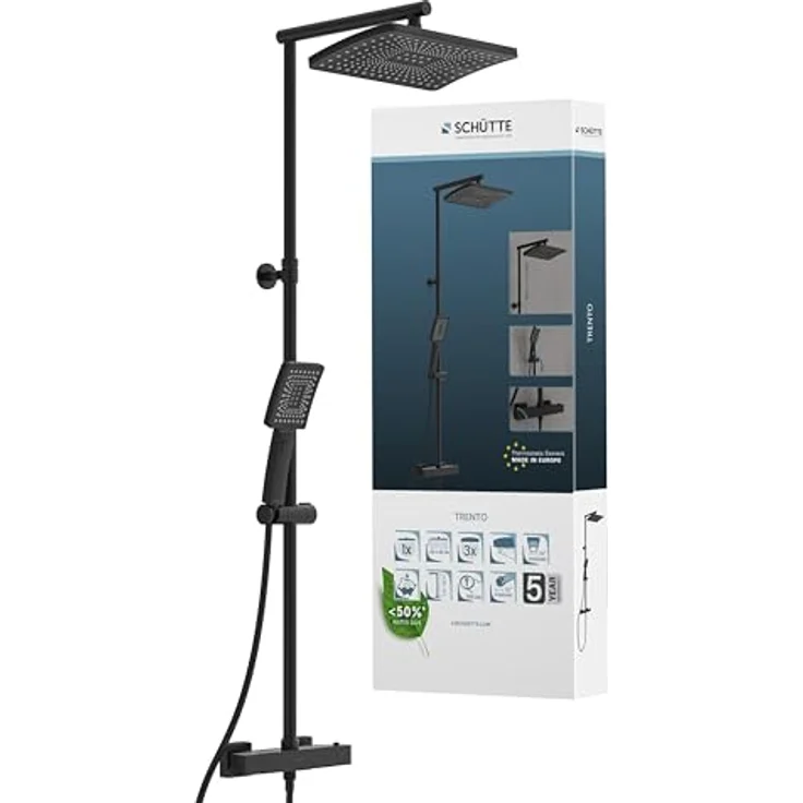 Schütte Duschsystem 'Trento' mit Thermostat schwarz eckig, Handbrause mit 3 Strahlarten – Bild 1