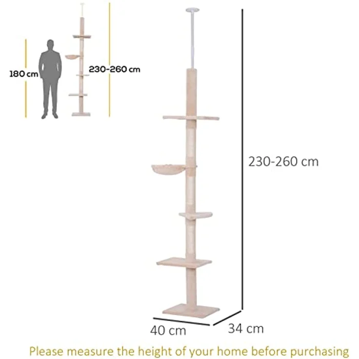 PawHut Kratzbaum Deckenhoch höhenverstellbar, Katzenbaum mit Sisalsäulen, Katzenkratzbaum, Katzen Kletterbaum, Beige, 40 x 34 x 230-260 cm – Bild 3