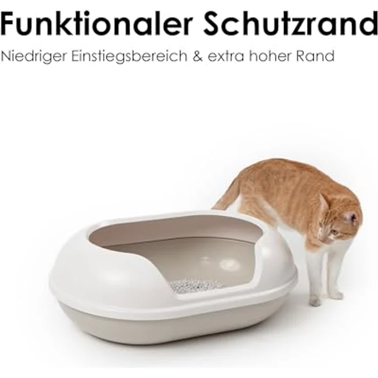 LucyBalu® Arena Katzenklo mit hohem Rand | große hop-in Katzentoilette geruchsfrei | modernes Design Katzenklo mit Einstieg von Oben | offenes XXL Katzen WC | inkl. Streuschaufel | Taupe/weiß – Bild 2