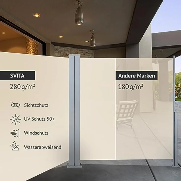 SVITA Doppelseitenmarkise ausziehbar freistehend Sichtschutz 600x200 cm Beige - Hochwertiger UV-Schutz, wasserabweisend, freistehend und blickdicht – Bild 4