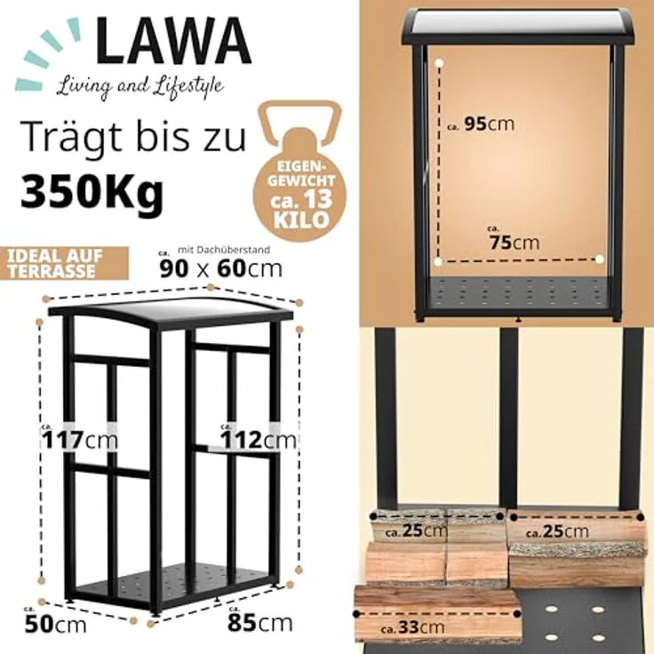 LAWA Kaminholzregal außen klein, verzinkt mit Dach und Stellfüßen, platzsparendes Design für Terrasse und Balkon, Metall schwarz, 91×56×117cm – Bild 2