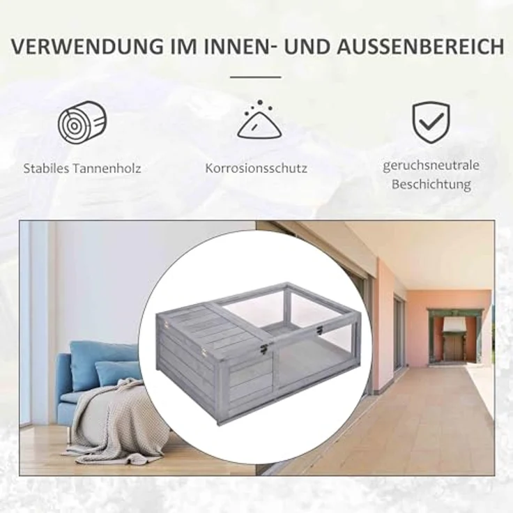 PawHut Schildkrötenhaus aus Holz, großzügiges Outdoor-Reptiliengehege mit aufklappbarer Oberseite und drei großen Fenstern, grau – Bild 3