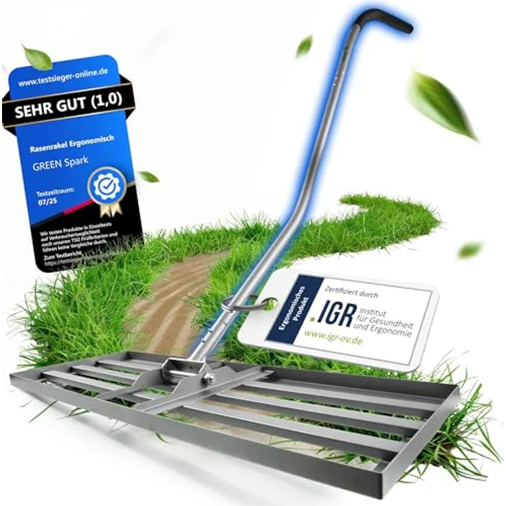 GREEN Spark Rasenrakel Ergonomisch 80x30cm mit Klicksystem für perfekte Rasenflächen, robust und rostfrei, inkl. ErgoGrip-Stiel